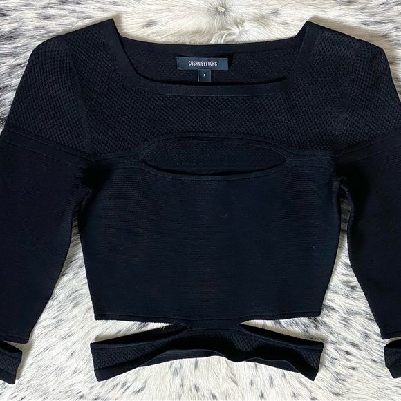 CUSHNIE ET OCHS CROPPED SLASHED KNIT TOP, SZ S BLACK - Picture 2 of 15